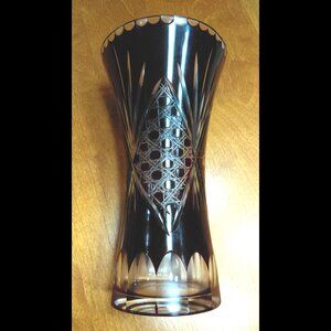 Bohemian Czech Style Deep Ruby Red Cut to Clear Crystal Vase Vintage Decor 8.75"